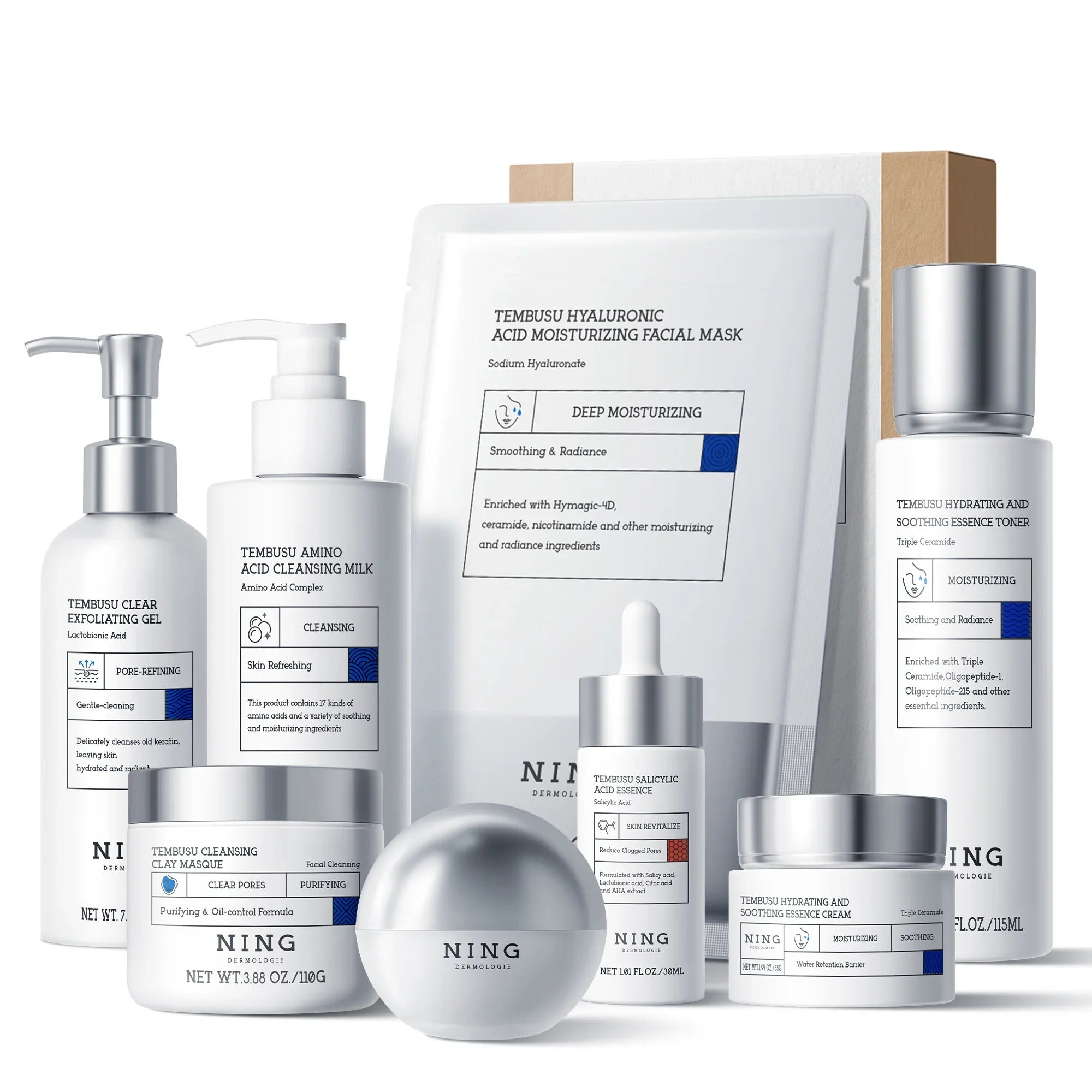 TEMBUSU 8-Step Routine Skincare Set (Include: Amino Cleanser, Clay Mask, Toner, Salicylic Acid Serum, Cream & Eye Treatment)
