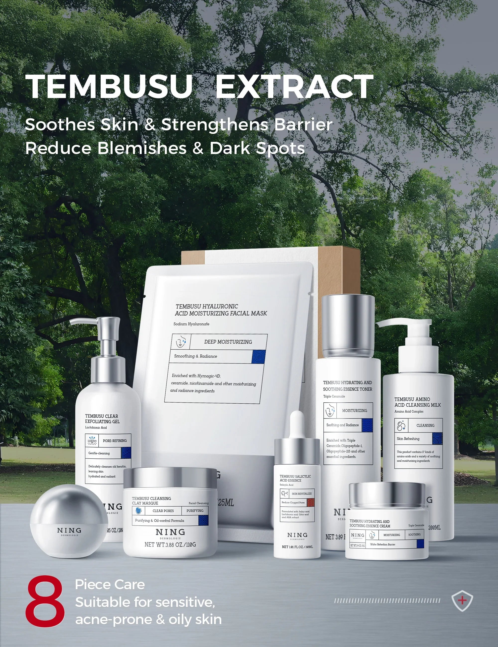 TEMBUSU 8-Step Routine Skincare Set (Include: Amino Cleanser, Clay Mask, Toner, Salicylic Acid Serum, Cream & Eye Treatment)