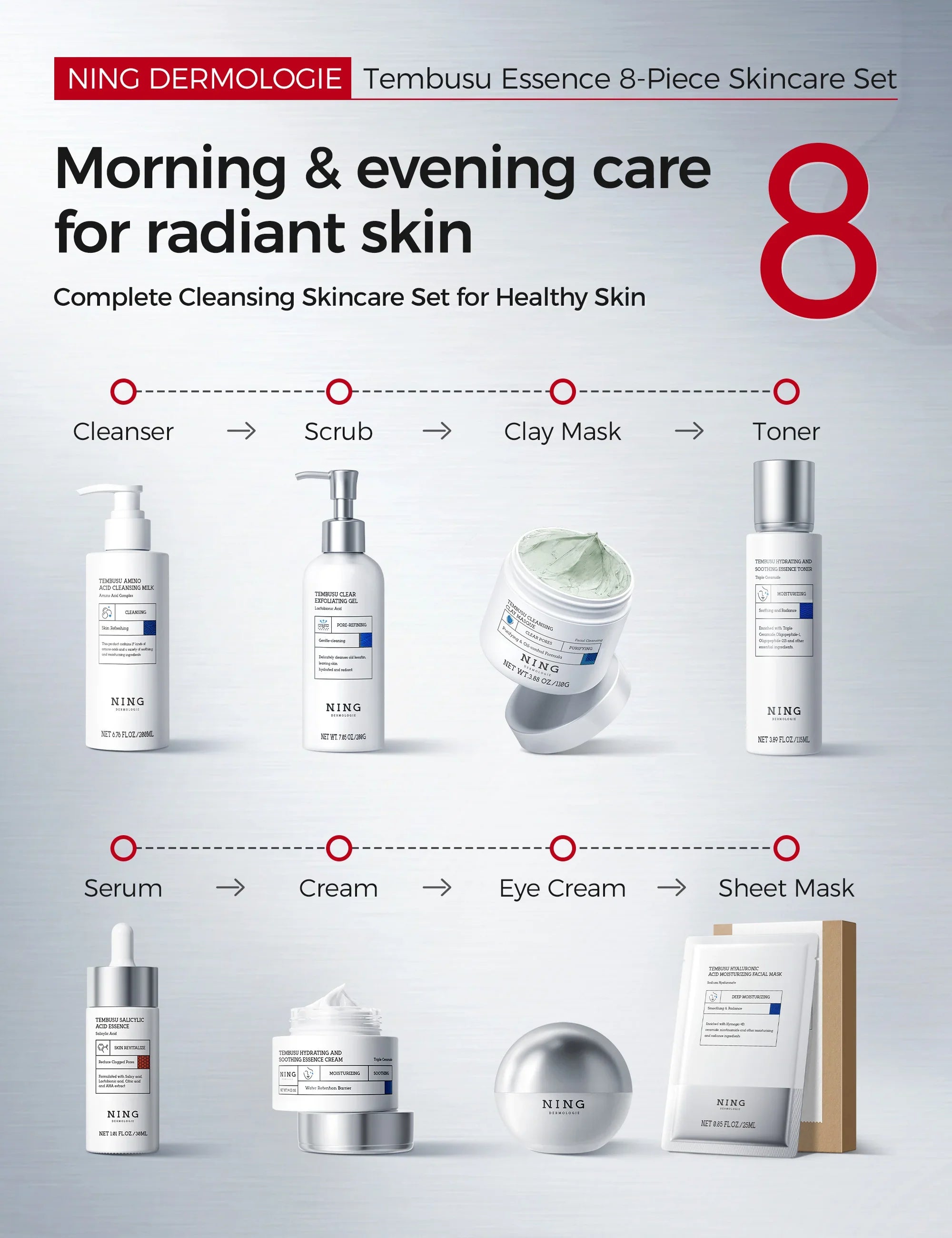 TEMBUSU 8-Step Routine Skincare Set (Include: Amino Cleanser, Clay Mask, Toner, Salicylic Acid Serum, Cream & Eye Treatment)