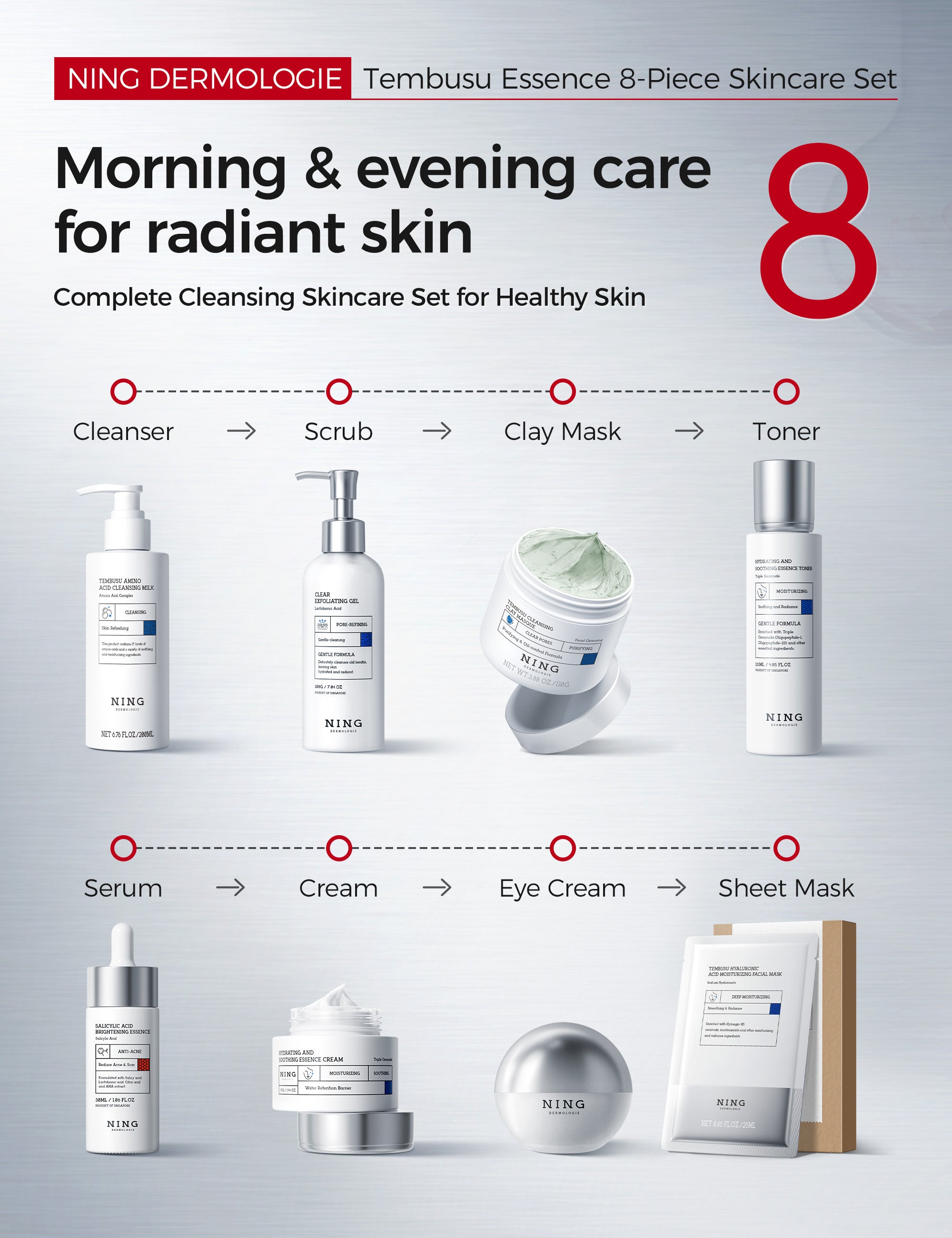 TEMBUSU 8-Step Routine Skincare Set (Include: Amino Cleanser, Clay Mask, Toner, Salicylic Acid Serum, Cream & Eye Treatment)