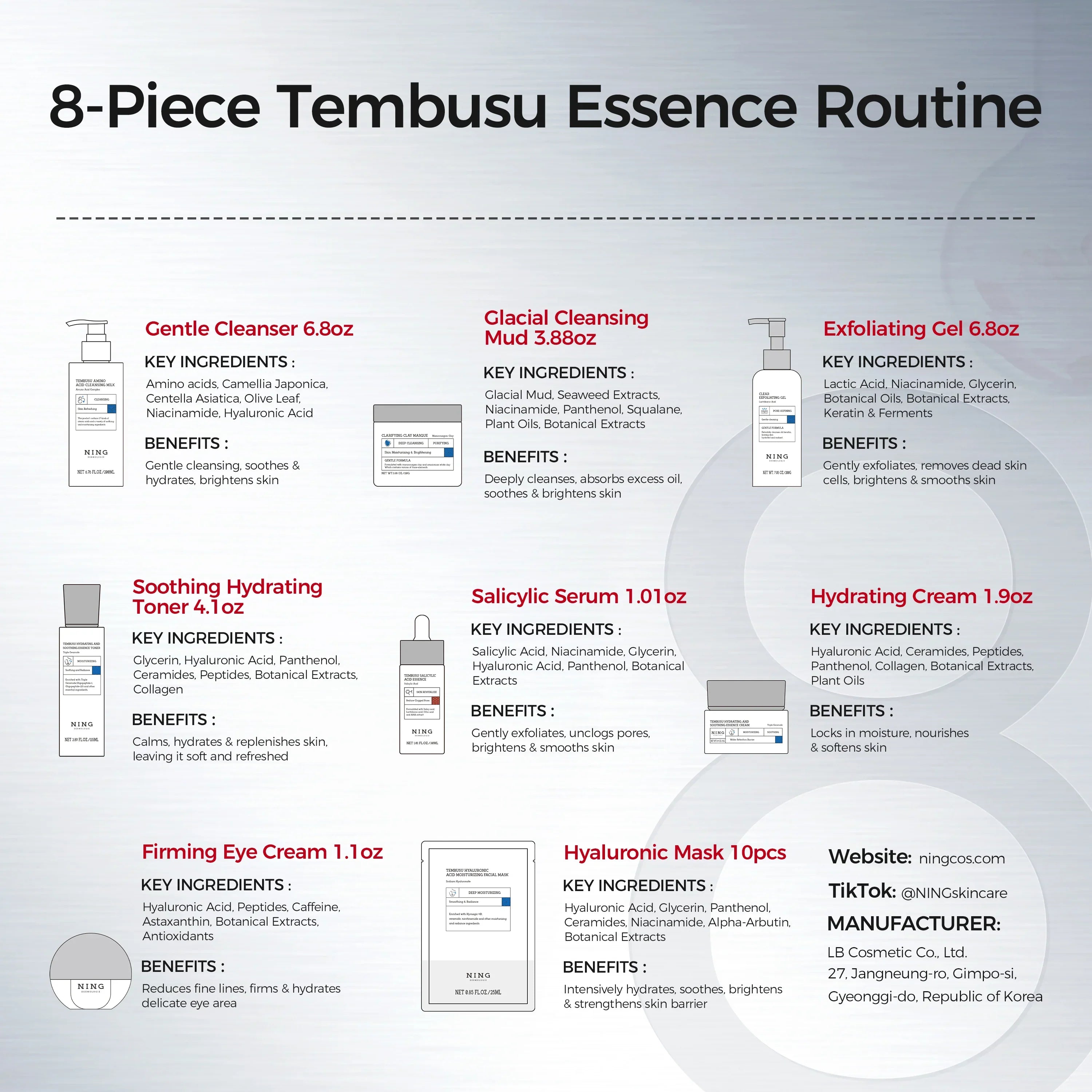 TEMBUSU 8-Step Routine Skincare Set (Include: Amino Cleanser, Clay Mask, Toner, Salicylic Acid Serum, Cream & Eye Treatment)