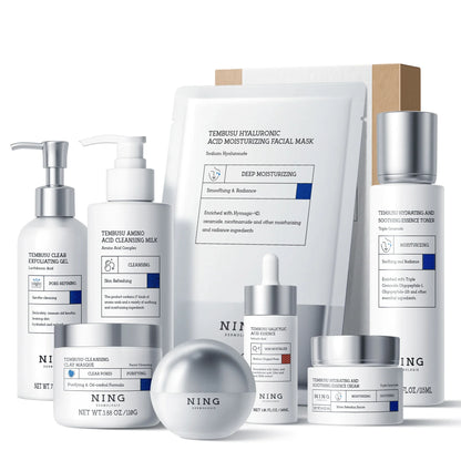 TEMBUSU 8-Step Routine Skincare Set (Include: Amino Cleanser, Clay Mask, Toner, Salicylic Acid Serum, Cream & Eye Treatment)