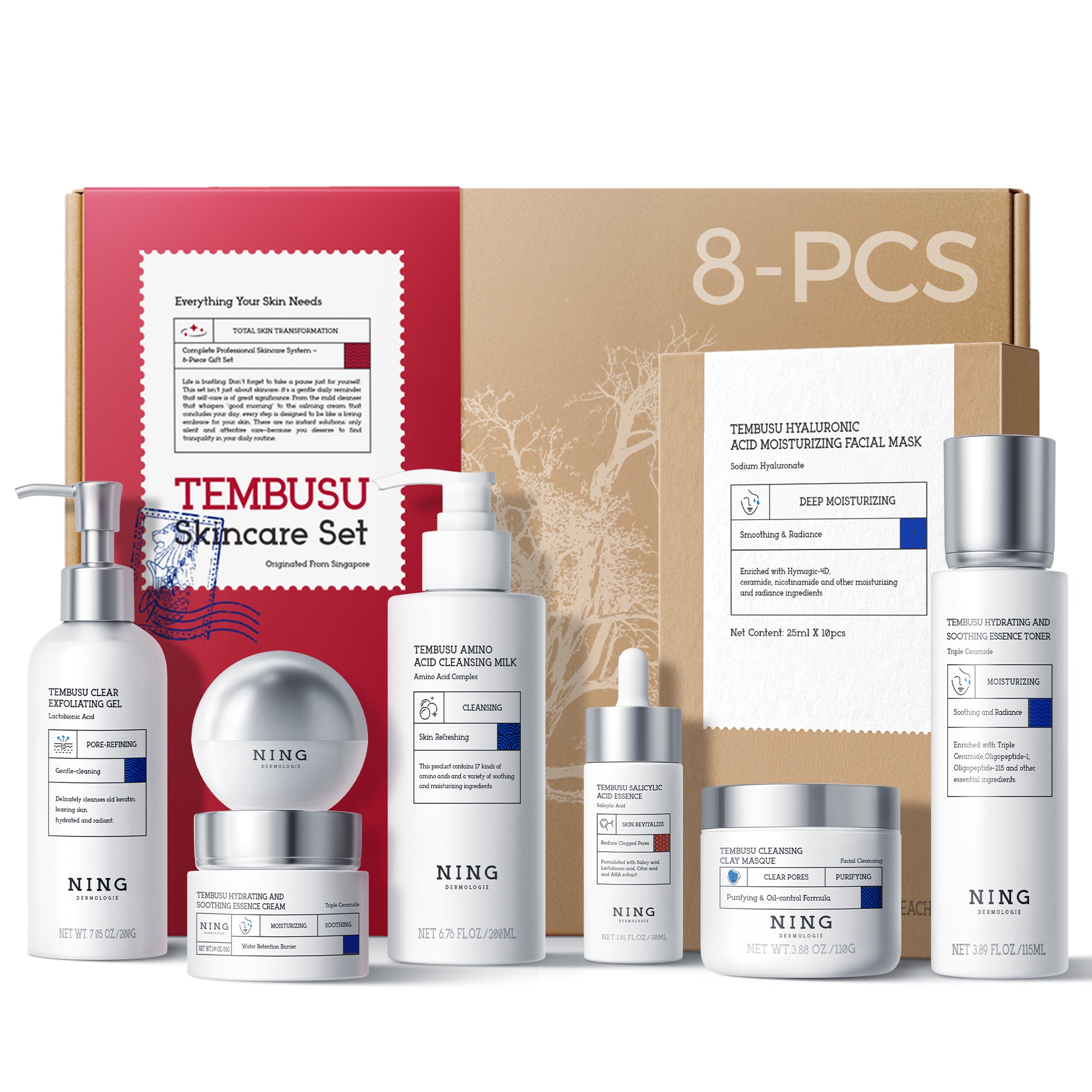 TEMBUSU 8-Step Routine Skincare Set (Include: Amino Cleanser, Clay Mask, Toner, Salicylic Acid Serum, Cream & Eye Treatment)