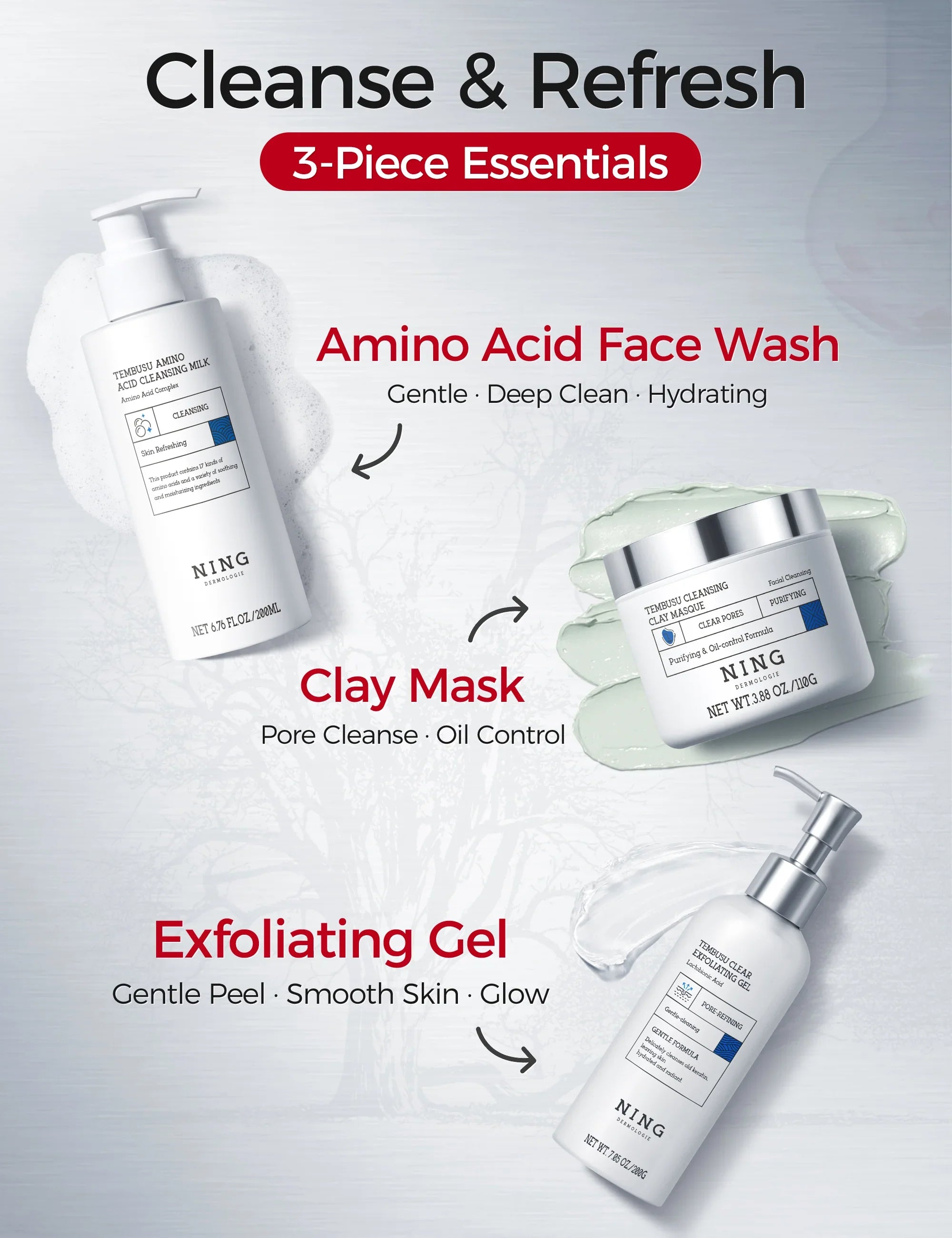 TEMBUSU 8-Step Routine Skincare Set (Include: Amino Cleanser, Clay Mask, Toner, Salicylic Acid Serum, Cream & Eye Treatment)