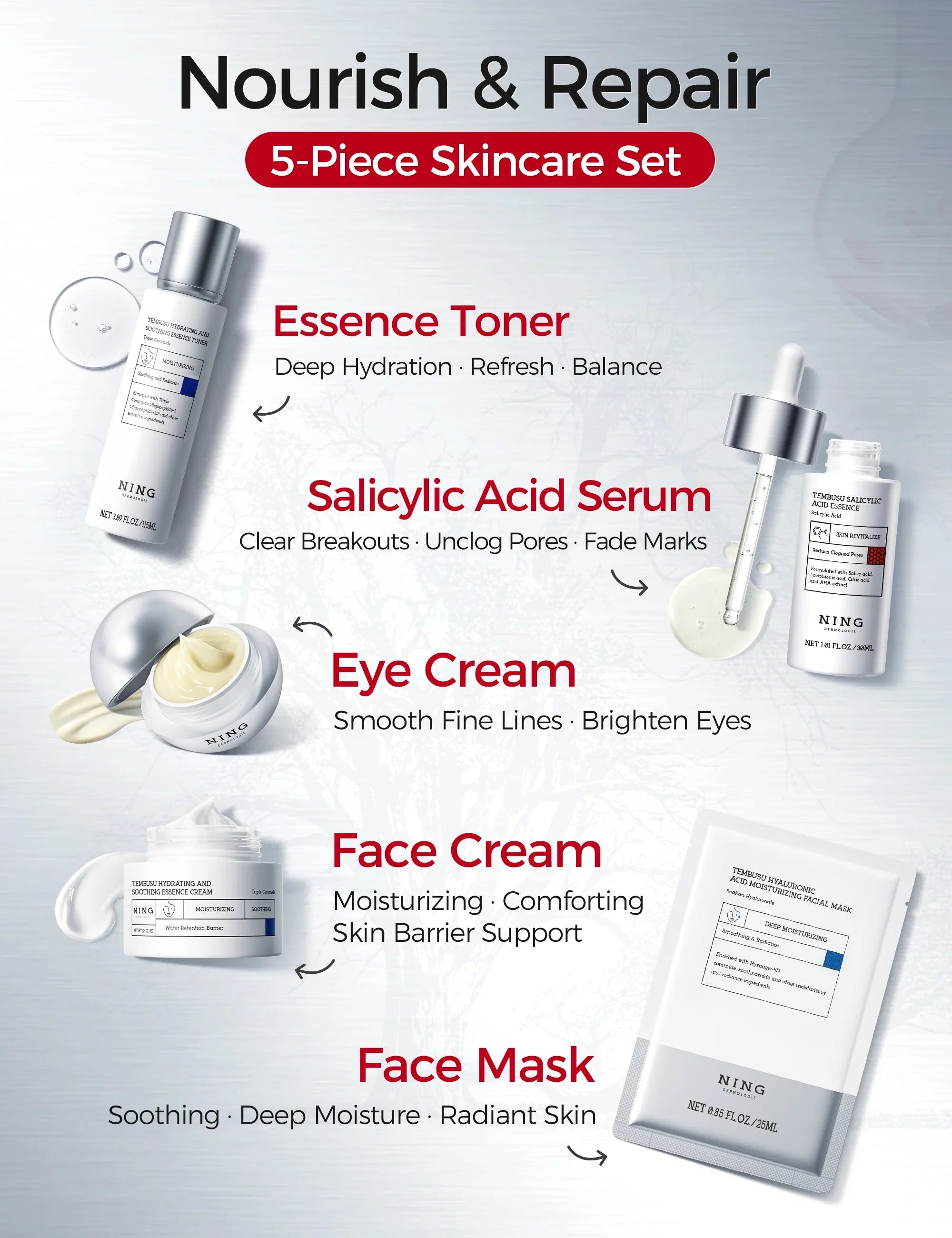TEMBUSU 8-Step Routine Skincare Set (Include: Amino Cleanser, Clay Mask, Toner, Salicylic Acid Serum, Cream & Eye Treatment)
