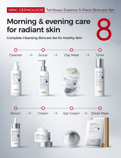 TEMBUSU 8-Step Routine Skincare Set (Include: Amino Cleanser, Clay Mask, Toner, Salicylic Acid Serum, Cream & Eye Treatment)