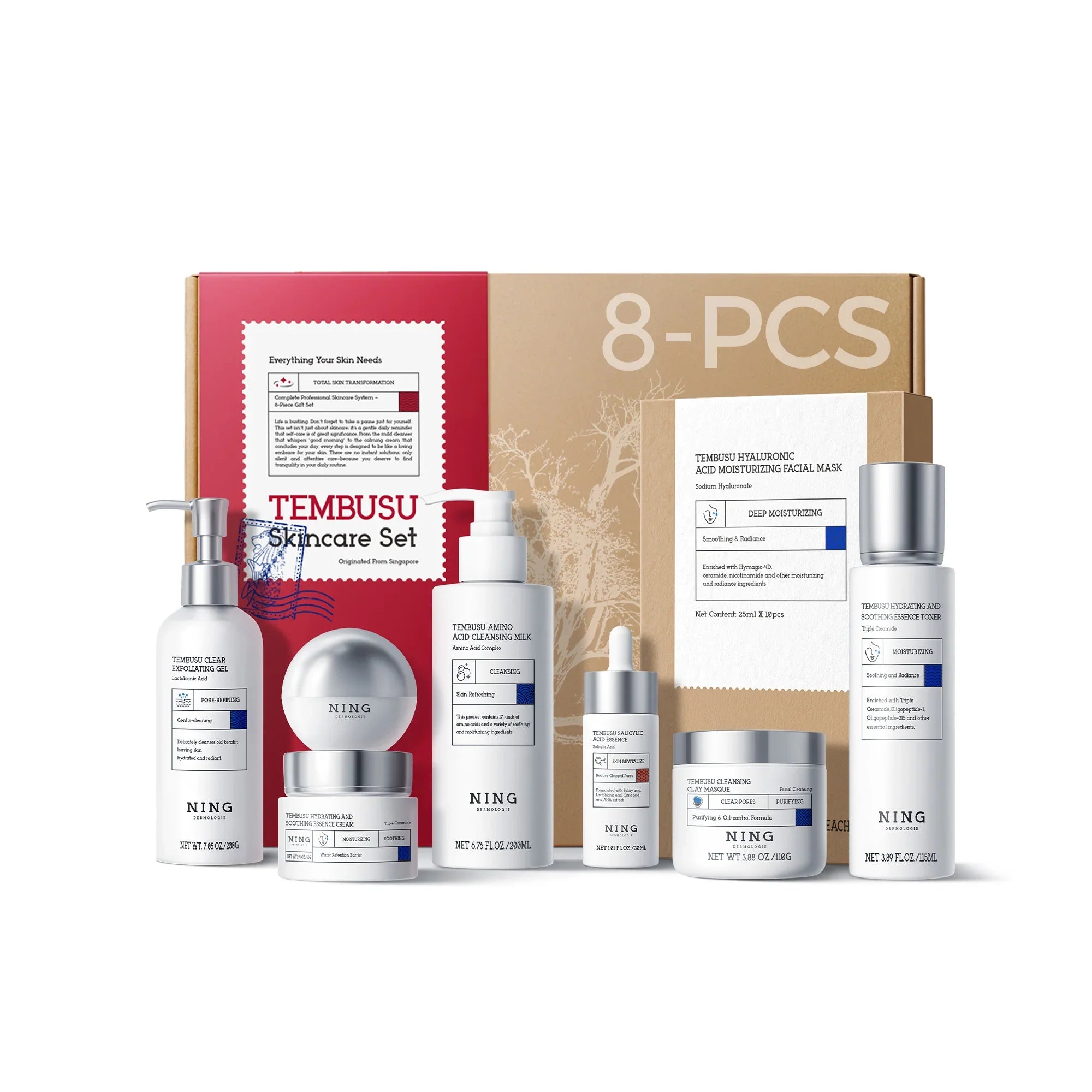 TEMBUSU 8-Step Routine Skincare Set (Include: Amino Cleanser, Clay Mask, Toner, Salicylic Acid Serum, Cream & Eye Treatment)
